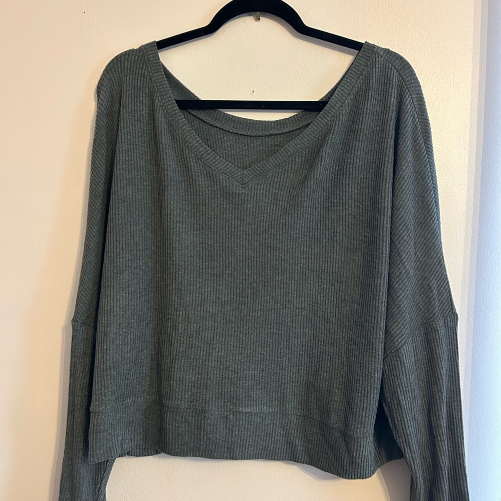 Gray V-Neck Ribbed Sweater